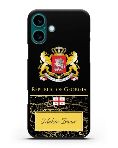 Чехол с гербом и флагом Республики Грузия с именем, фамилией на английском языке, черный мрамор силиконовый для iPhone 16 Plus