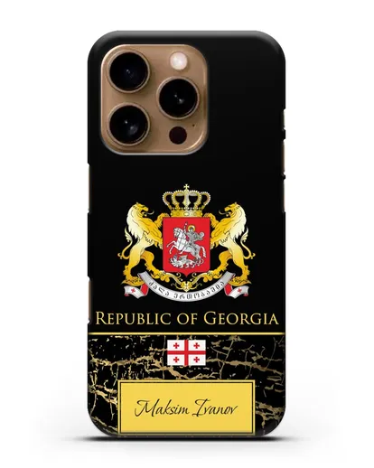 Чехол с гербом и флагом Республики Грузия с именем, фамилией на английском языке, черный мрамор силиконовый для iPhone 16 Pro