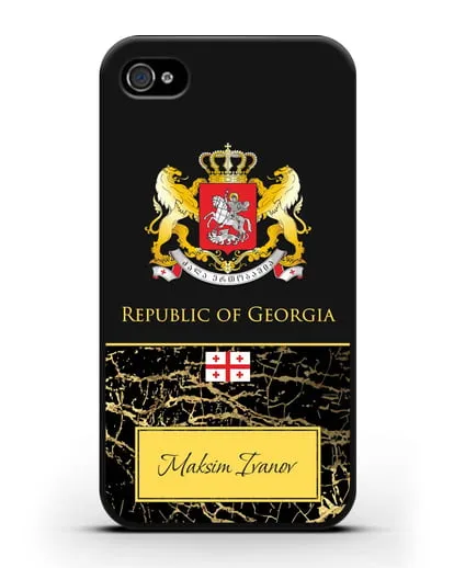 Чехол с гербом и флагом Республики Грузия с именем, фамилией на английском языке, черный мрамор силиконовый для iPhone 4/4s
