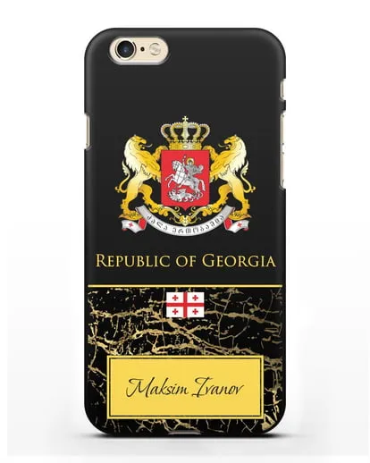 Чехол с гербом и флагом Республики Грузия с именем, фамилией на английском языке, черный мрамор силиконовый для iPhone 6