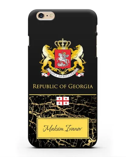 Чехол с гербом и флагом Республики Грузия с именем, фамилией на английском языке, черный мрамор силиконовый для iPhone 6s Plus