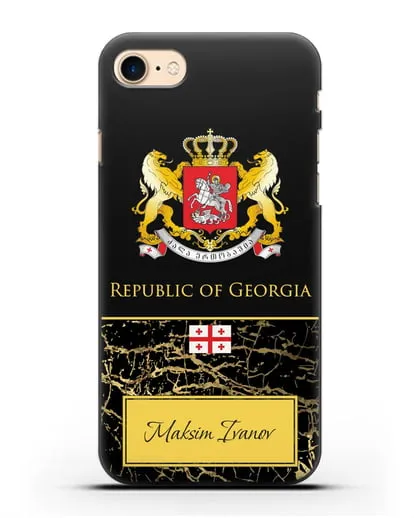 Чехол с гербом и флагом Республики Грузия с именем, фамилией на английском языке, черный мрамор силиконовый для iPhone 8