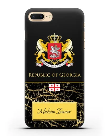 Чехол с гербом и флагом Республики Грузия с именем, фамилией на английском языке, черный мрамор силиконовый для iPhone 7 Plus