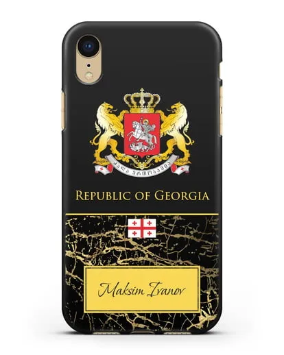 Чехол с гербом и флагом Республики Грузия с именем, фамилией на английском языке, черный мрамор силиконовый для iPhone XR