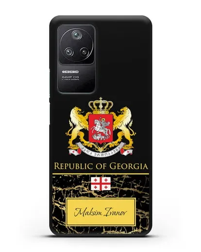 Чехол с гербом и флагом Республики Грузия с именем, фамилией на английском языке, черный мрамор силиконовый для Xiaomi Poco F4