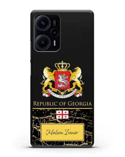 Чехол с гербом и флагом Республики Грузия с именем, фамилией на английском языке, черный мрамор силиконовый для Xiaomi Poco F5
