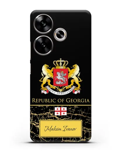 Чехол с гербом и флагом Республики Грузия с именем, фамилией на английском языке, черный мрамор силиконовый для Xiaomi Poco F6