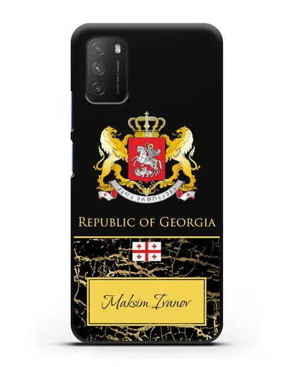 Чехол с гербом и флагом Республики Грузия с именем, фамилией на английском языке, черный мрамор силиконовый для Xiaomi Poco M3