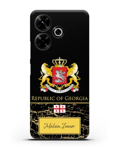 Чехол с гербом и флагом Республики Грузия с именем, фамилией на английском языке, черный мрамор силиконовый для Xiaomi Poco M6