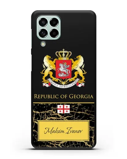 Чехол с гербом и флагом Республики Грузия с именем, фамилией на английском языке, черный мрамор силиконовый для Samsung Galaxy M53 [SM-M536]