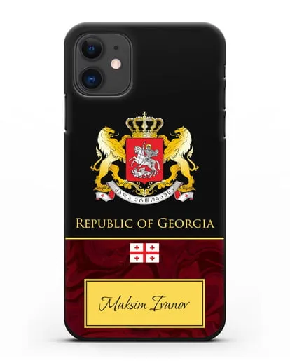 Чехол с гербом и флагом Республики Грузия с именем, фамилией на английском языке, красный мрамор силиконовый для iPhone 11