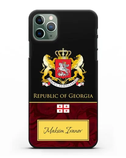 Чехол с гербом и флагом Республики Грузия с именем, фамилией на английском языке, красный мрамор силиконовый для iPhone 11 Pro