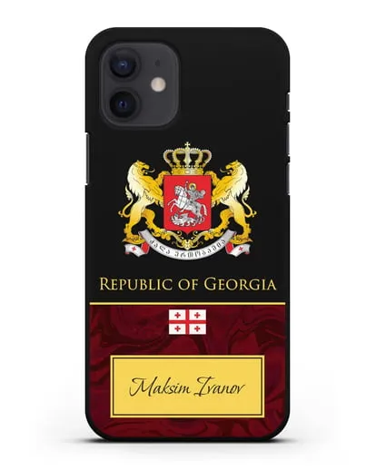 Чехол с гербом и флагом Республики Грузия с именем, фамилией на английском языке, красный мрамор силиконовый для iPhone 12