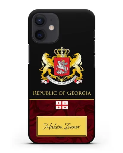 Чехол с гербом и флагом Республики Грузия с именем, фамилией на английском языке, красный мрамор силиконовый для iPhone 12 mini