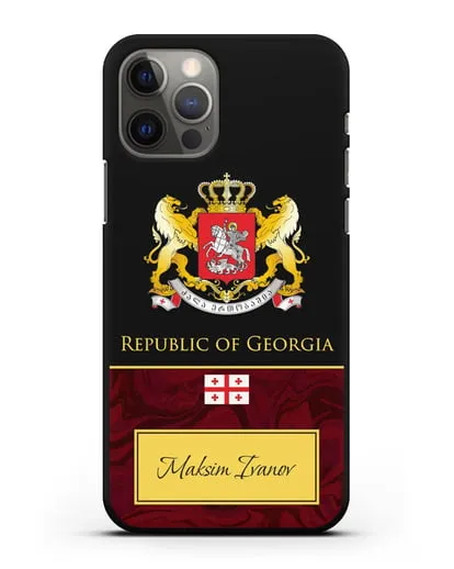 Чехол с гербом и флагом Республики Грузия с именем, фамилией на английском языке, красный мрамор силиконовый для iPhone 12 Pro