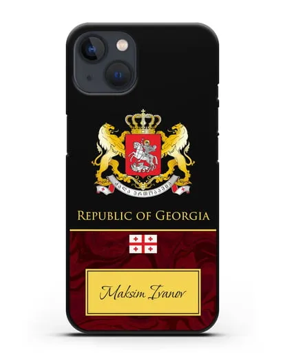 Чехол с гербом и флагом Республики Грузия с именем, фамилией на английском языке, красный мрамор силиконовый для iPhone 13