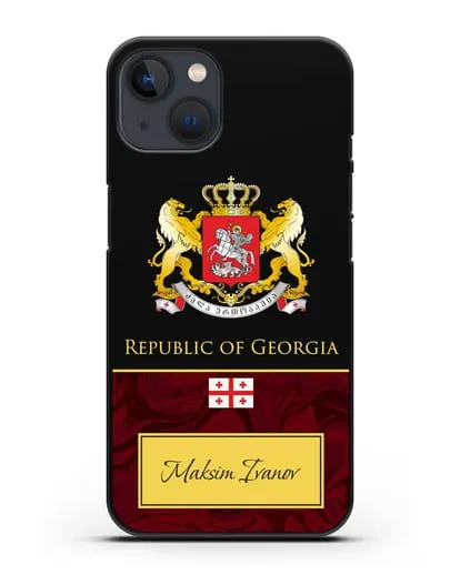 Чехол с гербом и флагом Республики Грузия с именем, фамилией на английском языке, красный мрамор силиконовый для iPhone 13 Mini