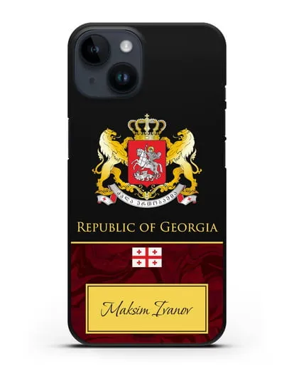 Чехол с гербом и флагом Республики Грузия с именем, фамилией на английском языке, красный мрамор силиконовый для iPhone 14