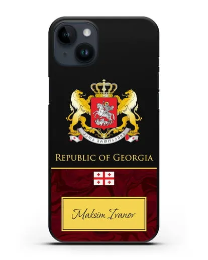 Чехол с гербом и флагом Республики Грузия с именем, фамилией на английском языке, красный мрамор силиконовый для iPhone 14 Plus
