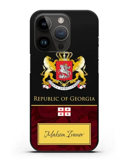 Чехол с гербом и флагом Республики Грузия с именем, фамилией на английском языке, красный мрамор силиконовый для iPhone 14 Pro