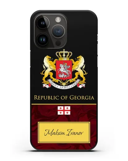 Чехол с гербом и флагом Республики Грузия с именем, фамилией на английском языке, красный мрамор силиконовый для iPhone 14 Pro Max