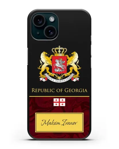 Чехол с гербом и флагом Республики Грузия с именем, фамилией на английском языке, красный мрамор силиконовый для iPhone 15