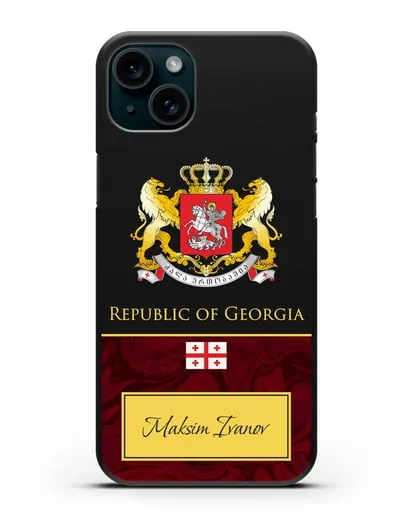 Чехол с гербом и флагом Республики Грузия с именем, фамилией на английском языке, красный мрамор силиконовый для iPhone 15 Plus