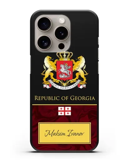 Чехол с гербом и флагом Республики Грузия с именем, фамилией на английском языке, красный мрамор силиконовый для iPhone 15 Pro