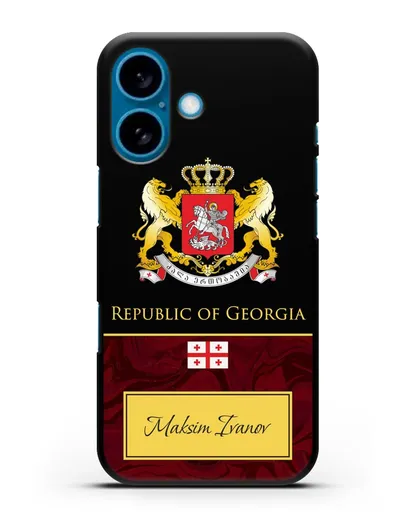 Чехол с гербом и флагом Республики Грузия с именем, фамилией на английском языке, красный мрамор силиконовый для iPhone 16
