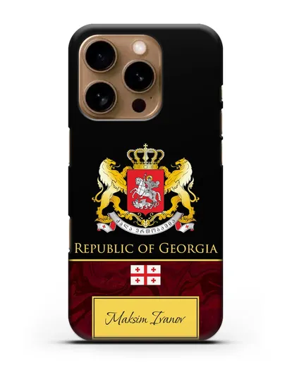 Чехол с гербом и флагом Республики Грузия с именем, фамилией на английском языке, красный мрамор силиконовый для iPhone 16 Pro