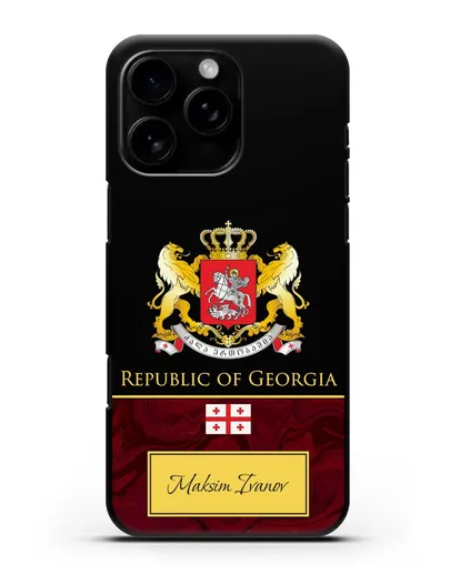 Чехол с гербом и флагом Республики Грузия с именем, фамилией на английском языке, красный мрамор силиконовый для iPhone 16 Pro Max