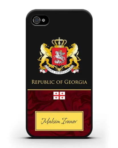 Чехол с гербом и флагом Республики Грузия с именем, фамилией на английском языке, красный мрамор силиконовый для iPhone 4/4s