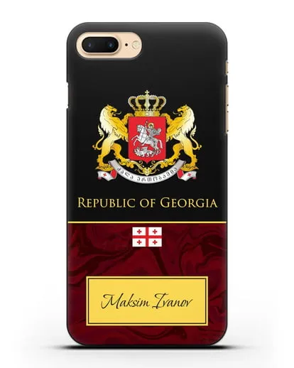 Чехол с гербом и флагом Республики Грузия с именем, фамилией на английском языке, красный мрамор силиконовый для iPhone 7 Plus