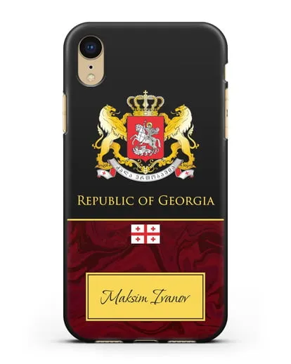 Чехол с гербом и флагом Республики Грузия с именем, фамилией на английском языке, красный мрамор силиконовый для iPhone XR