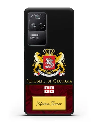 Чехол с гербом и флагом Республики Грузия с именем, фамилией на английском языке, красный мрамор силиконовый для Xiaomi Poco F4