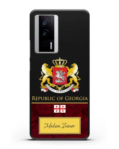 Чехол с гербом и флагом Республики Грузия с именем, фамилией на английском языке, красный мрамор силиконовый для Xiaomi Poco F5 Pro