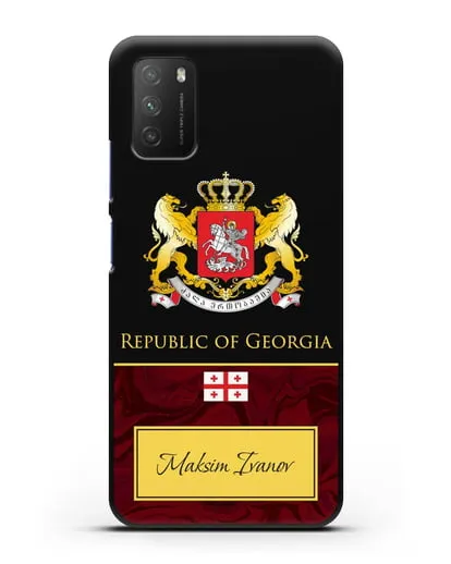 Чехол с гербом и флагом Республики Грузия с именем, фамилией на английском языке, красный мрамор силиконовый для Xiaomi Poco M3