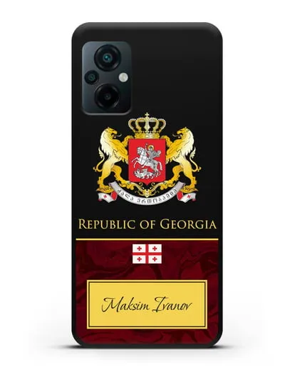 Чехол с гербом и флагом Республики Грузия с именем, фамилией на английском языке, красный мрамор силиконовый для Xiaomi Poco M5