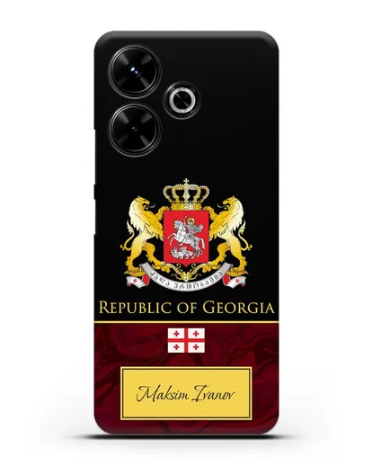 Чехол с гербом и флагом Республики Грузия с именем, фамилией на английском языке, красный мрамор силиконовый для Xiaomi Poco M6