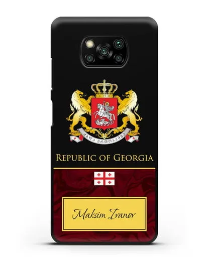 Чехол с гербом и флагом Республики Грузия с именем, фамилией на английском языке, красный мрамор силиконовый для Xiaomi Poco X3