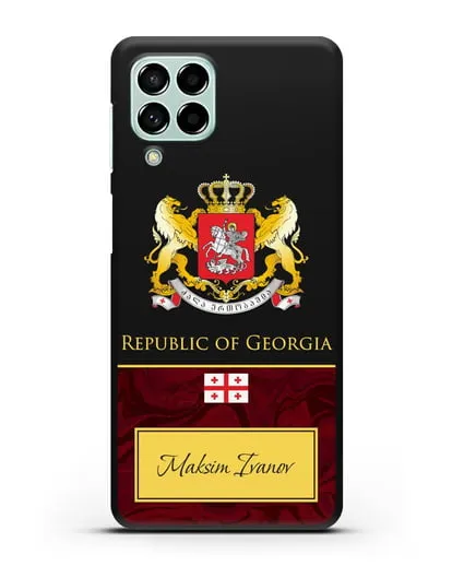 Чехол с гербом и флагом Республики Грузия с именем, фамилией на английском языке, красный мрамор силиконовый для Samsung Galaxy M53 [SM-M536]