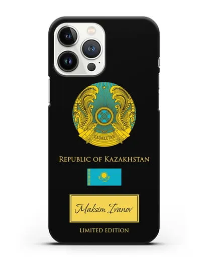 Чехол с гербом и флагом Республики Казахстан с именем, фамилией на английском языке силиконовый для iPhone 13 Pro Max