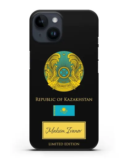 Чехол с гербом и флагом Республики Казахстан с именем, фамилией на английском языке силиконовый для iPhone 14