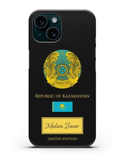 Чехол с гербом и флагом Республики Казахстан с именем, фамилией на английском языке силиконовый для iPhone 15