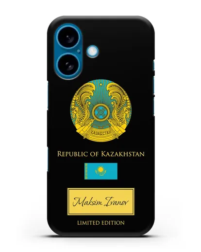 Чехол с гербом и флагом Республики Казахстан с именем, фамилией на английском языке силиконовый для iPhone 16