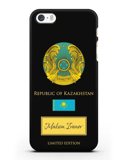 Чехол с гербом и флагом Республики Казахстан с именем, фамилией на английском языке силиконовый для iPhone 5/5s/SE