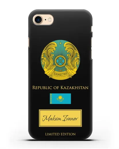 Чехол с гербом и флагом Республики Казахстан с именем, фамилией на английском языке силиконовый для iPhone 8