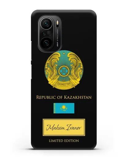 Чехол с гербом и флагом Республики Казахстан с именем, фамилией на английском языке силиконовый для Xiaomi Poco F3 Pro