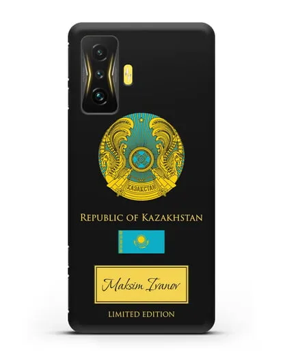 Чехол с гербом и флагом Республики Казахстан с именем, фамилией на английском языке силиконовый для Xiaomi Poco F4 GT