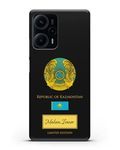Чехол с гербом и флагом Республики Казахстан с именем, фамилией на английском языке силиконовый для Xiaomi Poco F5
